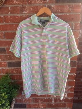 Ralph Lauren Green Polo with Stripes and signature horse logo.